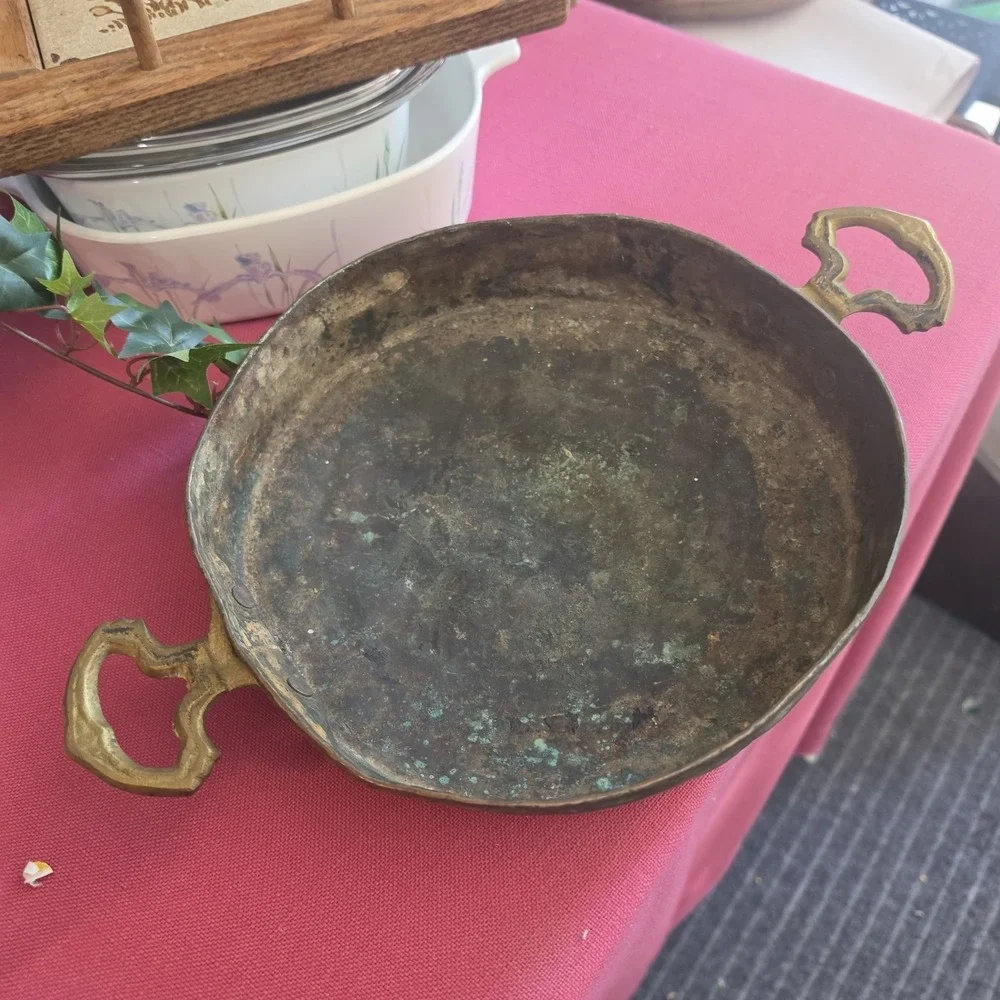 Antique Primitive Copper Pan Crude Forged 2 Brass Handled 9